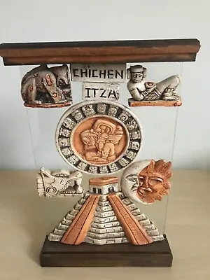 Mayan Aztec Calendar Chichen Itza Kukulkan Pyramid Glass Display 11  Tall Rare • $45