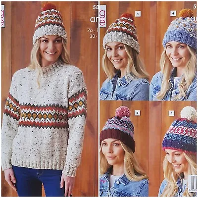 KNITTING PATTERN Ladies Fairisle Jumper & 4 Hat Designs Aran King Cole 5868 • £4.49