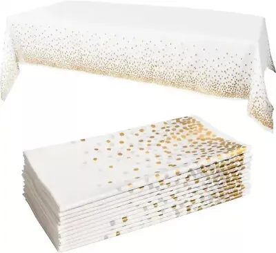 White Plastic Vinyl Gold Dot Holiday Tablecloths 54x108  Pack Of 12 • $25.99