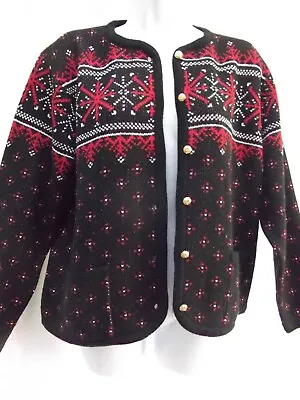 Vtg Cardigan Sweater Sz S Pockets Blk Red Nordic Ski Snow Flake Ugly Xmas MINT • $23.99