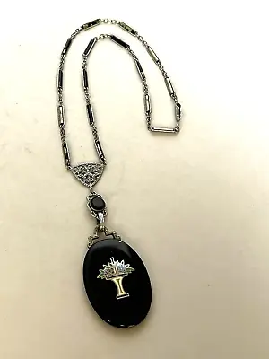 Vintage Black Enameled Mourning Beaded Necklace W/Drop Pendant Flower Basket • $69.98