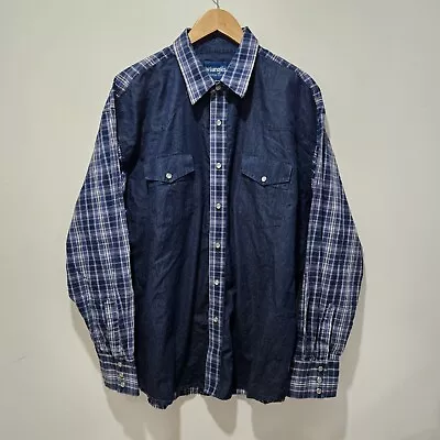 Vintage Wrangler Blue Plaid Denim Colour Block Western Shirt Size 2XL (Cut Tag)  • $79.95