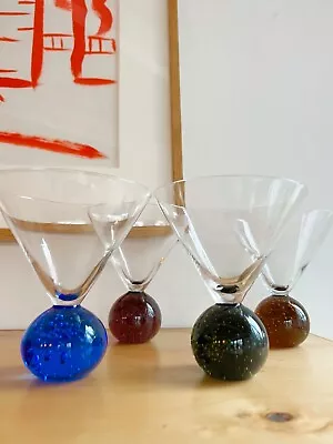 Martini Glasses Vintage Bubble Ball Base Set Of 4: Yellow Blue Purple Green • $89