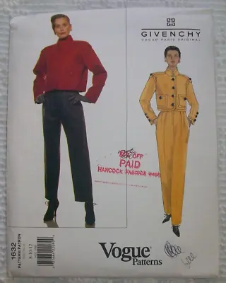 VOGUE Vintage 90s Paris Sewing Pattern 1632 Givenchy Jacket & Pants 8-10-12 • $15