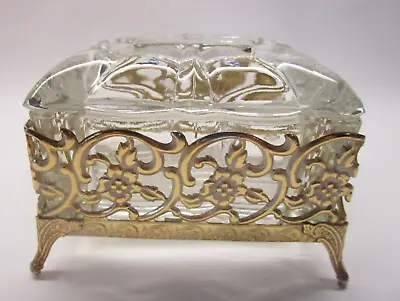 Vintage Gold Ormolu Filigree Footed Trinket Jewelry Box Beveled Dome Glass • $20