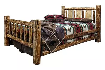 Amish Log Bed CA KING Rustic Cabin Beds Woodburning Etching Design On Headboard • $1485.21