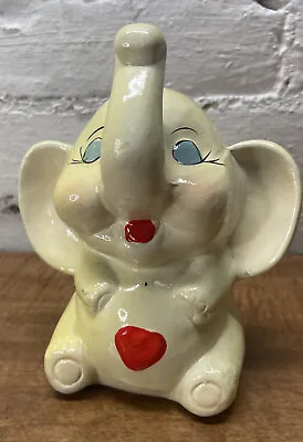 Vintage Ceramic White Blue Eyed Elephant Piggy Bank 6  Made In Taiwan • $10