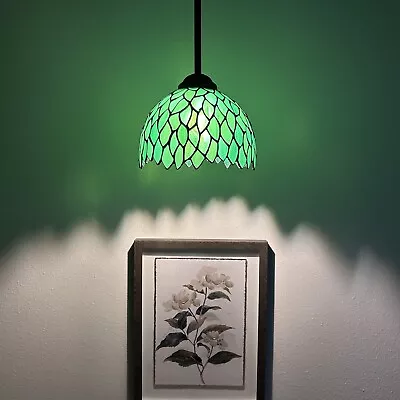 Enjoy Tiffany Style Mini Hanging Lamp Green Leaves Stained Glass LED Bulb 8”W • $105.99