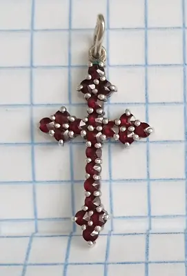 Vintage Pendant Cross Natural Czech Pyrop Garnet Sterling Silver Women's Jewelry • $95