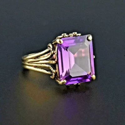 3CT Emerald Cut Purple Amethyst Solitaire Engagement Ring 14K Yellow Gold Finish • $83.85