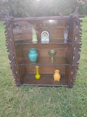 Large Vintage Display Wall Shelf Hand Carved Frame Glass Shelves 34  Glass Front • $175