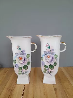 Two Vintage White UCAGCO Pitchers With Handpainted Roses-9.5 In Tall  • $20