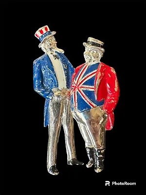 Vintage WW2 Uncle Sam & John Bull Rhodium Plate & Enamel Brooch Pin • $125