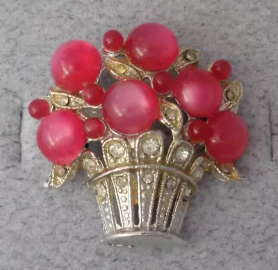 Vintage Hot Pink Moonglow Lucite Flower Basket Vase Pin Brooch Silver Tone • $22.99