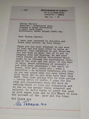 Mother Teresa Signed Autograph Copy 3 X 6 Typed Letter • $49.95