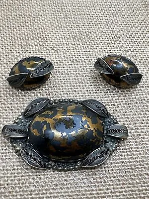 Vintage Tortoise Shell Brooch And Clip On Earring Set  • $45