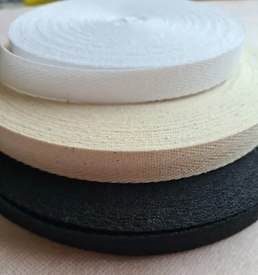 Cotton Webbing Herringbone Twill Tape Strap 15 Mm Beige White Black 1/3/5/10 M • £1.85