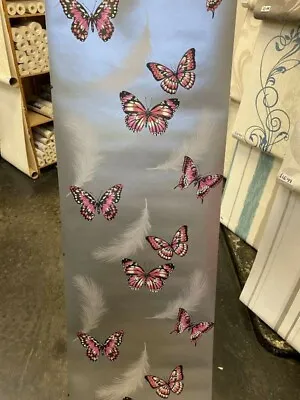 Fine Decor  Fd40917 Pink Butterflies Wallpaper  Silver Background • £12.99