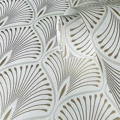 Layla Retro Art Deco Geometric Metallic Fans - White GV3101 - GranDeco Wallpaper • £16.99