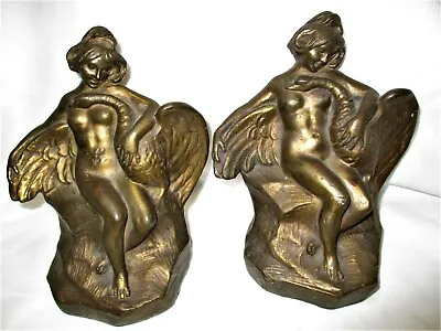 Antique S. Morani Art Deco Armor Bronze Nude Lady Bird Statue Sculpture Bookends • $895