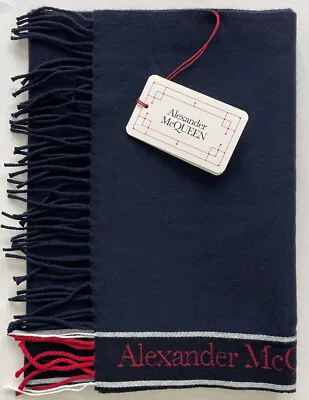 $228.02 • Buy NWT Alexander McQueen Selvedge Fringe Trim Wool & Cashmere Blend Scarf Navy