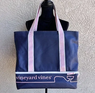 Vineyard Vines Large Beach Tote Bag Blue Pink Recycled Plastic Vented Zip Bottom • $19.99