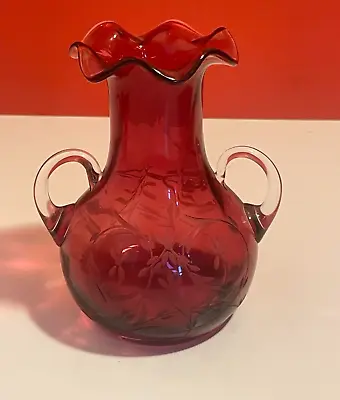 Victorian Cranberry Glass Vase With Double Handles And Etched Pattern • £21.99
