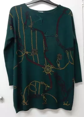 New Ladies Dark Green Nautical Pattern Cashmere Wool Blend Jumper Size L/XL:16 • £10.99