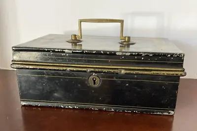 Vintage Metal Storage Cash Lock Box With Brass Handle Black And Gold Trim Tole? • $18.95