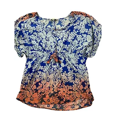 Cabi #891 Blouse Top Size Medium Blue Floral Knotted Front Short Sleeve Boho • $12.97