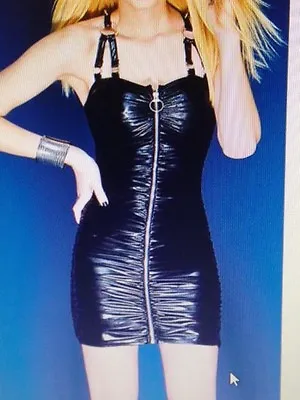 Sexy Club STRIP LAP BLACK PVC LEATHER EFFECT MINI DRESS Dance Party Wear  • £19.80