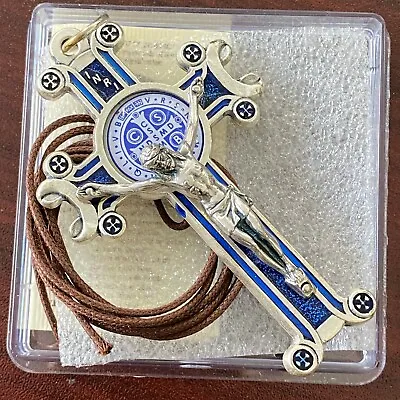 Big 3 Inch St Benedict Crucifix Pendant Silver Blue Enamel Cross Charm Necklace • $17.50