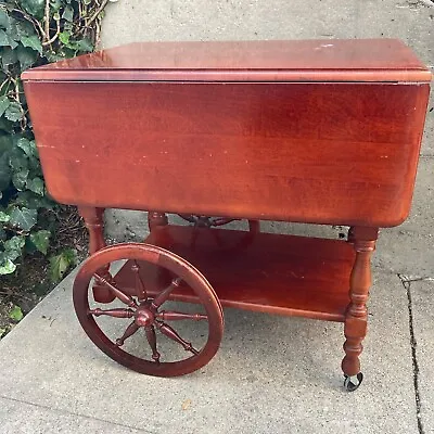 Vintage 50s Plymouth Rock Maple Wood Wagon Wheel Bar Cart Tea Trolley Drop Leaf • $89.99