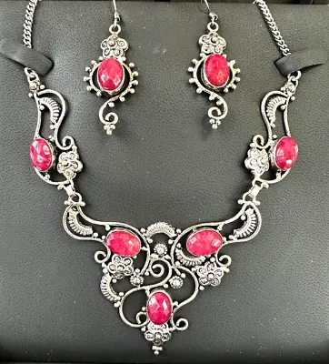Beautiful Estate 925 Sterling Silver Natural Ruby Necklace Earring Set Jewelry • $245