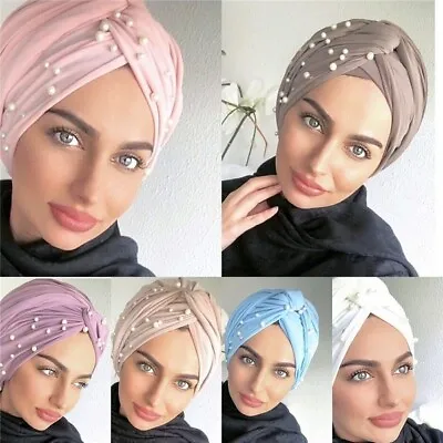 £4.99 • Buy Ladies Turban Hat Beaded Pearls Muslim Wrap Hair Cap Hijab Head Scarf Bandanna