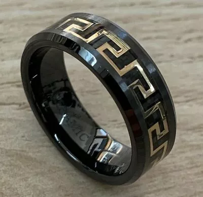 8mm Men Versace Design Ceramic Greek Key Gold Plated Inlay FASHION Band Ring • $22.46