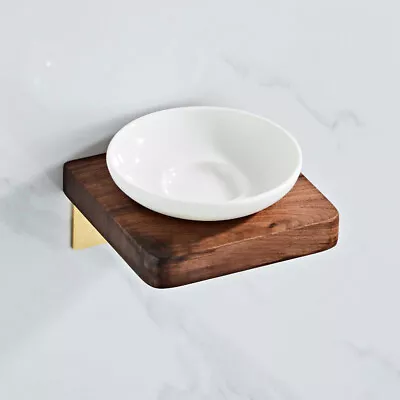 Abloh Luxury Ceramic Soap Dish With Shelf Wooden Walnut & Brushed Gold • £9.99