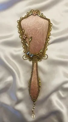 Gold Jeweled Hand Mirror Pink Tufted Velvet Back 11.5”Long Beautiful Preowned • $25