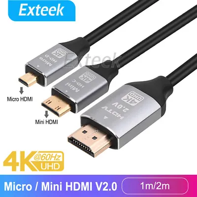 $10.40 • Buy Micro/Mini HDMI To HDMI Cable V2.0 4K@60Hz HD 1080P 3D HDTV Tablet Smart Phone