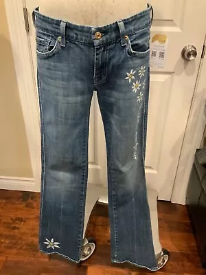 7 For All Mankind Medium Wash Floral Painted  A Pocket  Flare Leg Jeans Size 29 • $20.62