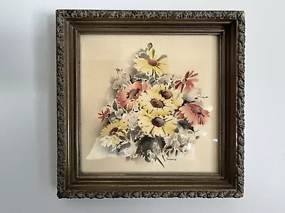 Vintage Turner Floral Airbrush Print In Ornate Wood Frame Pink & Yellow Flowers • $32.99