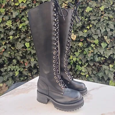 Muro Y2K Lace Up Knee High Platform Boots Women's Size 6.5 Black - VERY GOOD • $200