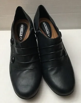 Michelle D. Womens Shoes Dark Navy Blue Leather Slip On Heels Zipper Button Sz 8 • $29.95