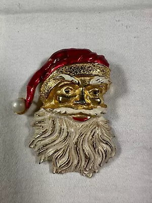 Vintage Enamel Gold Tone Santa Claus Face & Big Pearl Christmas Brooch Pin • $5