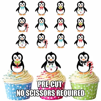 PRECUT Cute Christmas Penguins 12 Edible Cupcake Toppers Cake Decorations • £3.99