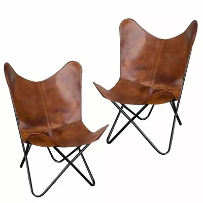 Handmade Vintage Brown Buffalo Leather Butterfly Relax Arm 2 Chair With Stand • $210.12