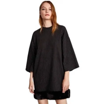 $22.88 • Buy Zara Women’s Medium Mini Sweater Dress Mod Pin Stripe Black Fur Trim Mod 60s