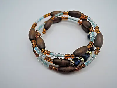 Vintage Seed Bead Wood Bead And Blue Stone Bead Wrap Bracelet 1980-'90s • $8.95