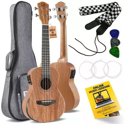 Pyle Acoustic-Electric 4-String Ukulele Mahogany Solid Top Starter Kit • $108.14