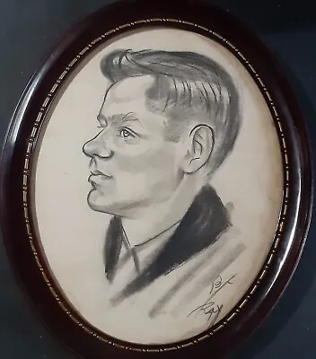 Vintage Charcoal  Pencil Portrait Signed MCM Man Signed B. Ray Oval Frame 11   • $20.36